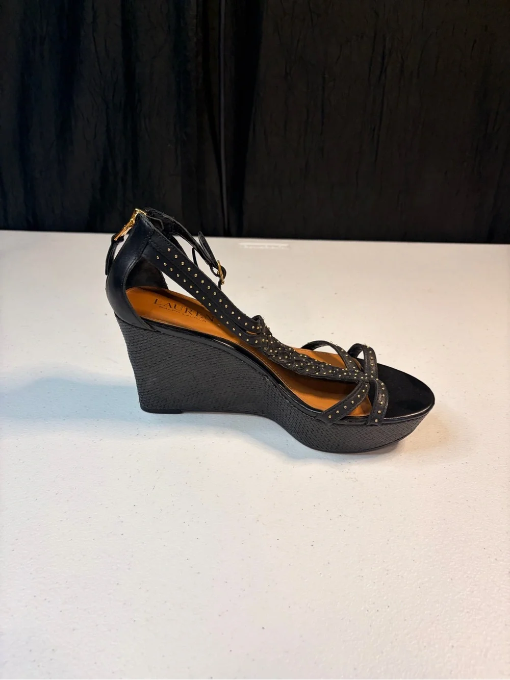 Lauren Ralph Lauren Quanta Black Leather Studded Wedge Sandals‎ 8.5B 11424 L15